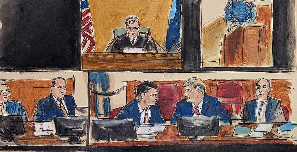 In this courthouse sketch drawn from a divided video monitor, former President Donald Trump, lower right frame, center, confers with defense attorney Todd Blanche as Judge Juan Merchan, upper left, and prosecutor Joshua Steingless, lower left, look on during jury selection in Manhattan criminal court, Monday, April 15, 2024, in New York.  - AP