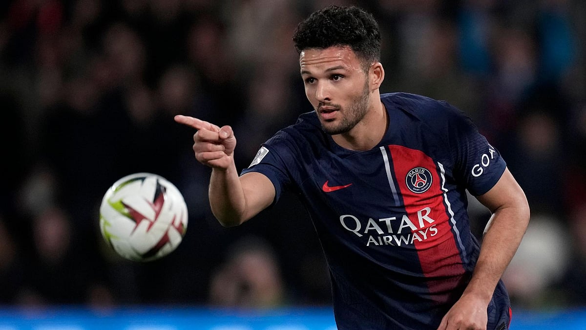 Paris Saint-Germain’s Goncalo Ramos celebrates after scoring his side’s third goal against Lyon. - Christophe Ena/AP