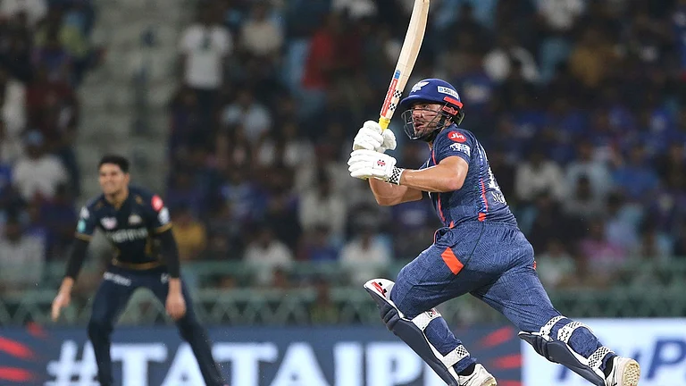 Lucknow Super Giants' Marcus Stoinis plays a shot during the Indian Premier League cricket match between Gujarat Titans and Lucknow Super Giants in Lucknow, India, Sunday, April 7, 2024.
- (AP Photo/Surjeet Yadav)