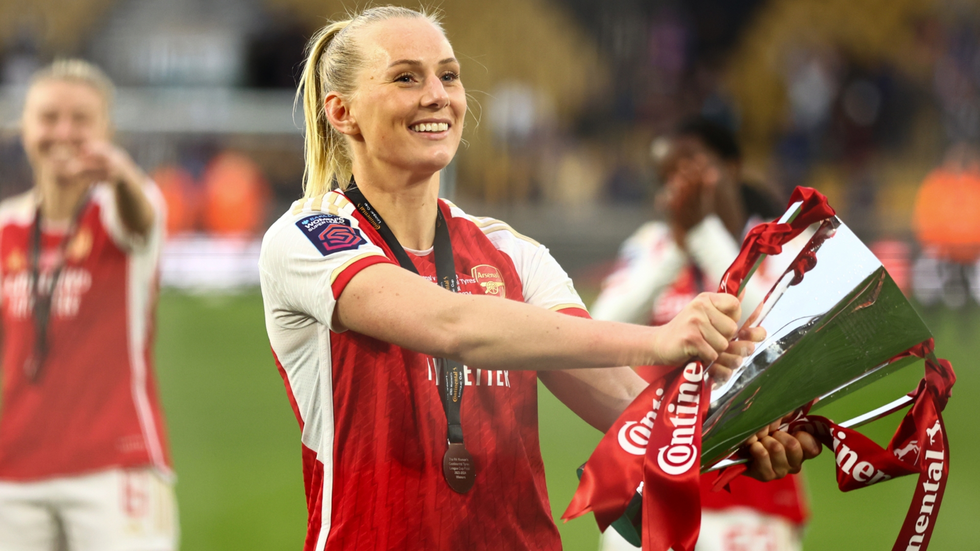 Arsenal's Stina Blackstenius celebrates with FA Women's League Cup.