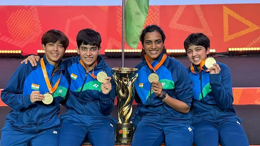 Photo: X/ @BAI_Media : 17-year-old Anmol Kharb along with PV Sindhu, Gayatri Gopichand-Treesa Jolly, as they defeated Thailand to clinch the maiden Badminton Asia Team Championships.