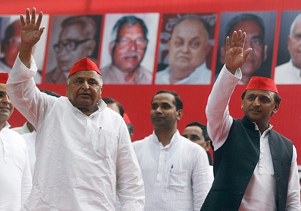 Getty Images : Mulayam Singh Yadav and Akhilesh Yadav during a public rally in New Delhi.