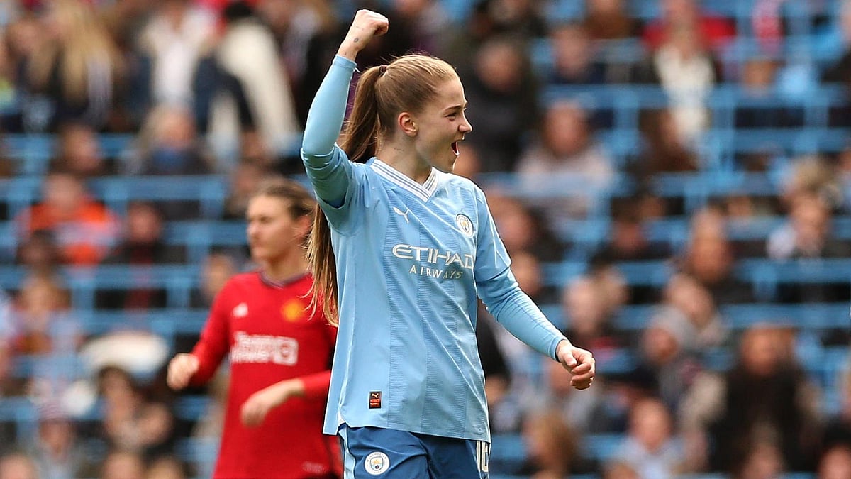 Barrington Coombs/PA : Jess Park celebrates after scoring her second goal in Manchester City’s win against Manchester United at the Etihad Stadium last month.