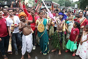 Getty Images : On the occasion of Adivasi day, a rally was taken out by the members of the indigenous tribes in Thane, on August 9, 2019 in Mumbai, India.