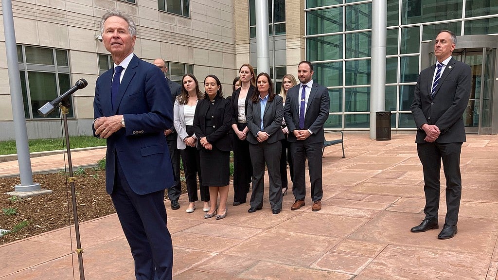 AP : U.S. Attorney for Colorado Cole Finegan, left, speaks outside Denver federal court after the sentencing of Jared Sebastian Dalke on Monday, April 29, 2024, in Denver.
