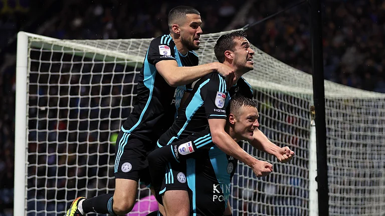 Leicester City trio (from left), Conor Coady, Harry Winks and Jamie Vardy. - null