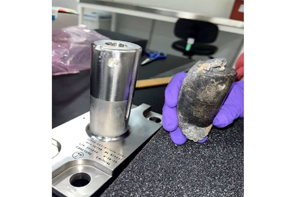 AP : This undated photo provided by NASA shows a recovered chunk of space junk from equipment discarded at the International Space Station. The cylindrical object that tore through a home in Naples, Fla., March 8, 2024, was subsequently taken to the Kennedy Space Center in Cape Canaveral, Fla., for analysis.