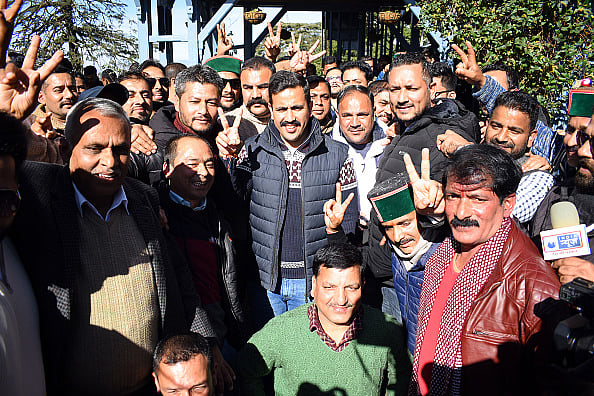 (Photo by Deepak Sansta via Getty Images)

 : Vikramaditya Singh along with party workers celebrating the victory in Himachal Pradesh assembly election at Holly Lodge, on December 8, 2022, in Shimla, India