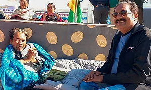 PTI Photo : Climate activist Sonam Wangchuk with actor Prakash Raj during the hunger strike, in Leh, March 26, 2024.