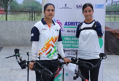 Sheetal Devi (right) at the Khelo India NTPC national ranking archery meet at the DDA Yamuna Sports Complex, Surajmal Vihar.