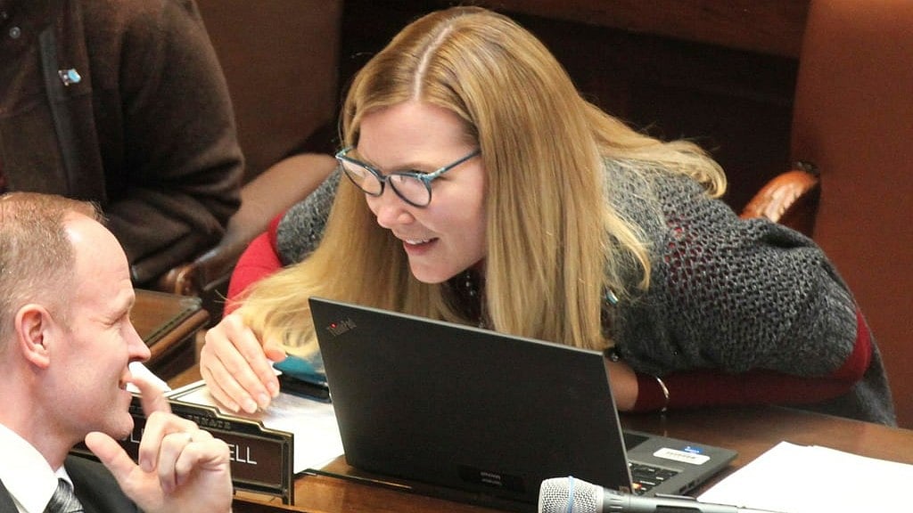 Democratic State Sen. Nicole Mitchell, right, of Woodbury, speaks with Sen. Robert D. Farnsworth, a Republican from Hibbing, on the floor of the Minnesota Senate on April 2, 2024, at the State Capitol in St. Paul, Minn.  - AP