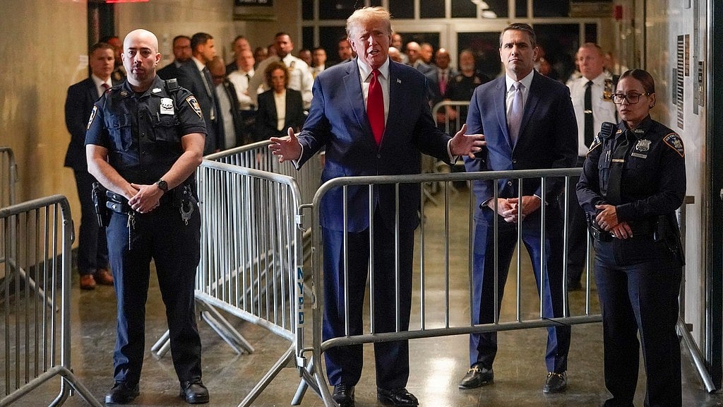 AP : Former President Donald Trump speaks before entering the courtroom at Manhattan criminal court, Thursday, Feb. 15, 2024, in New York. 