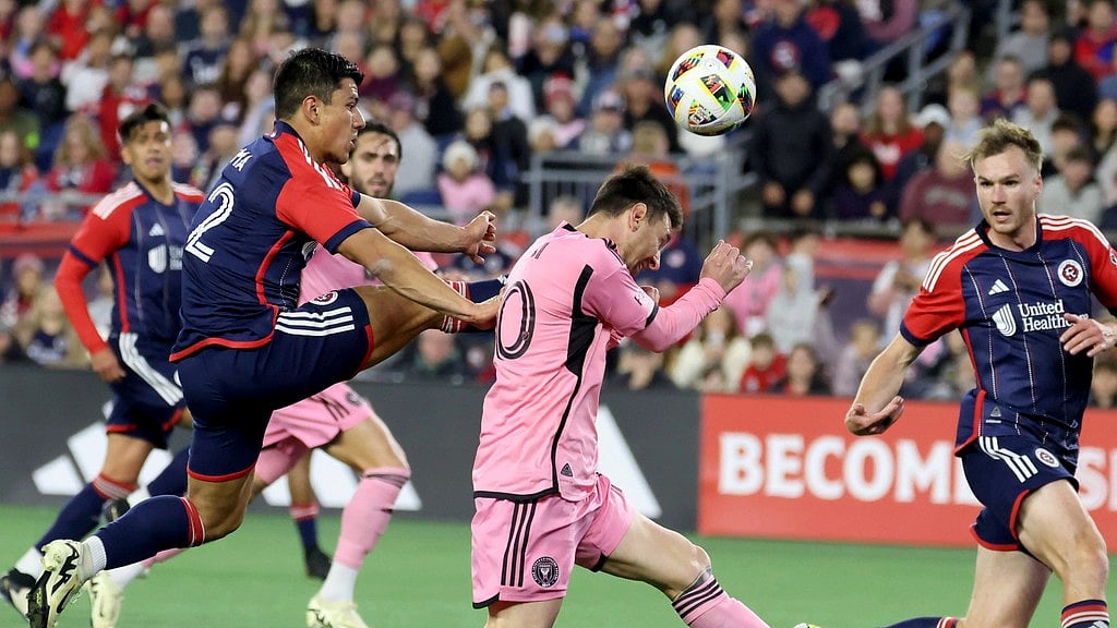 Lionel Messi (centre) in action during Inter Miami's Major League Soccer game against New England Revolution in Foxborough, Mass.  - AP