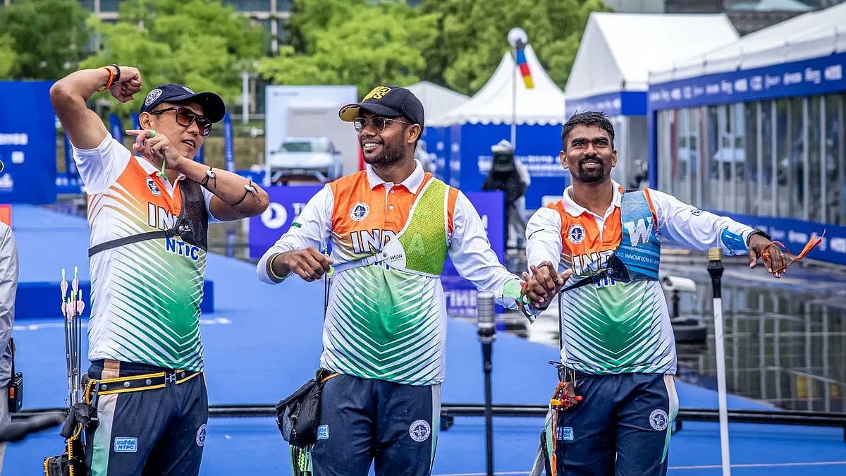 X/Archery Association of India : India's men's recurve trio of (left to right) Tarundeep Rai, Dhiraj Bommadevara and Pravin Jadhav at the Archery World Cup Stage 1 in Shanghai.
