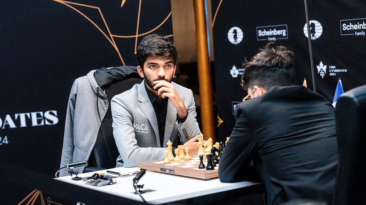 D Gukesh defeated Alireza Firouzja to claim the sole lead ahead of tomorrow's final round at FIDE Candidates Chess. - X/chesscom