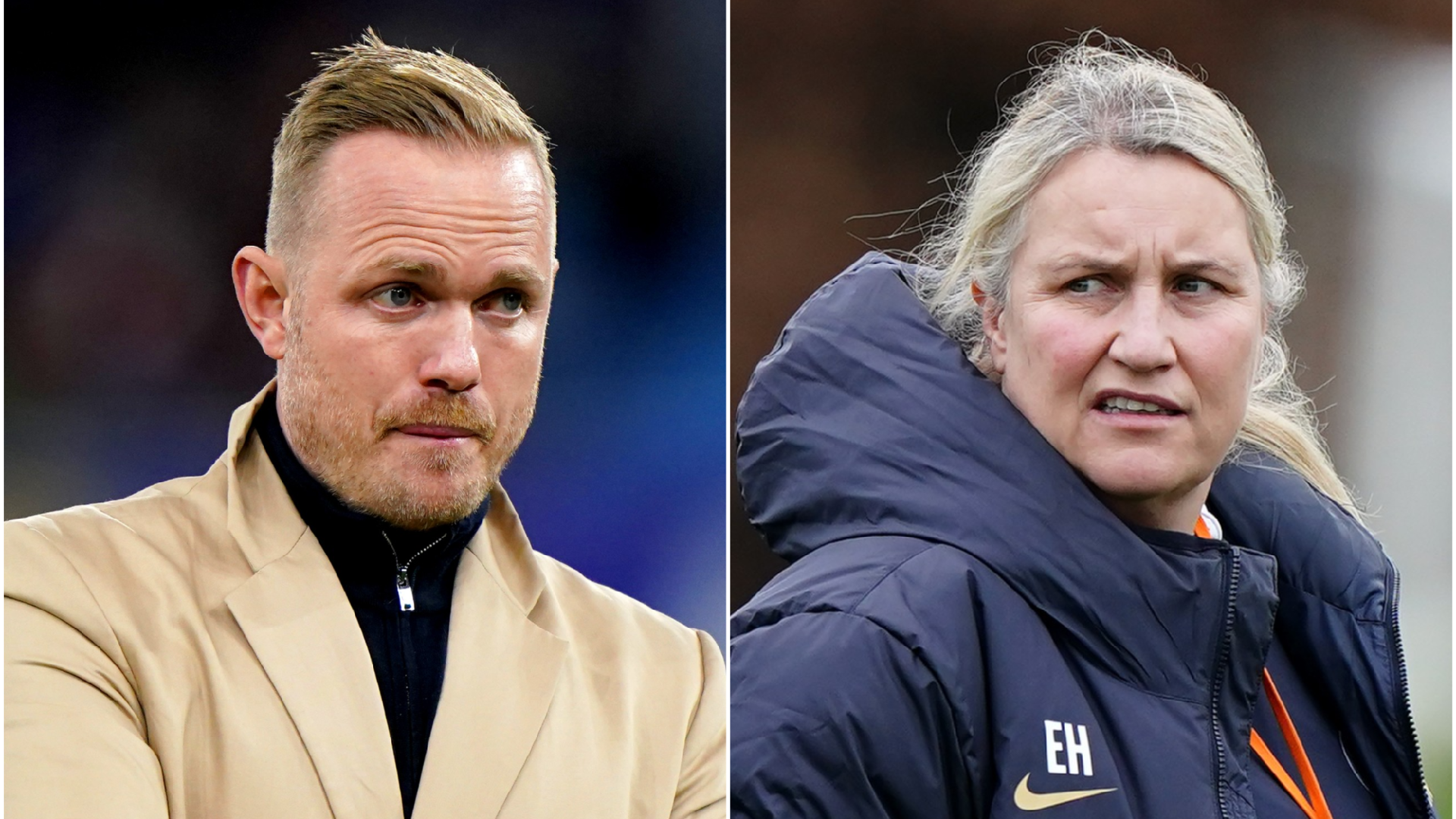Arsenal manager Jonas Eidevall, left, with Chelsea boss Emma Hayes - PA