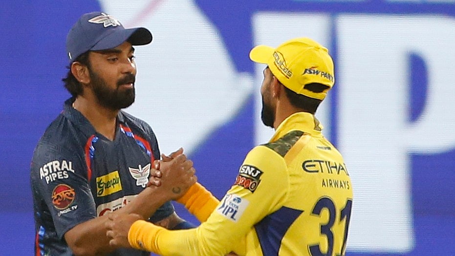 Lucknow Super Giants' captain KL Rahul, left, greets Chennai Super Kings' captain Ruturaj Gaikwad after winning the Indian Premier League cricket match in Lucknow. - AP Photo/Surjeet Yadav