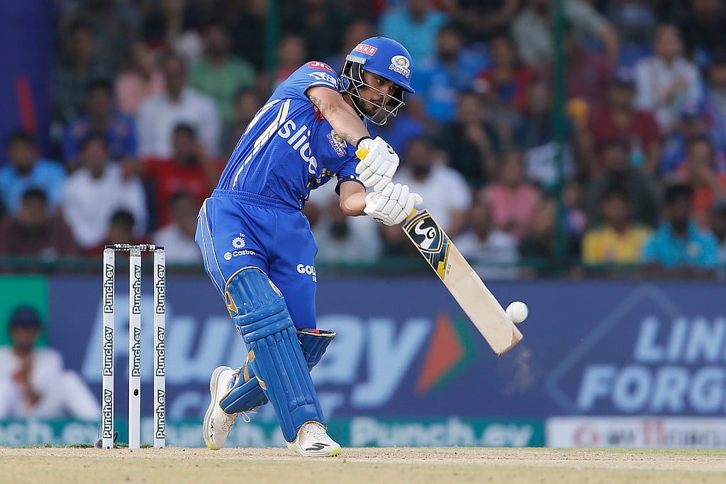 Mumbai Indians' Ishan Kishan plays a shot during the Indian Premier League cricket match between Delhi Capitals and Mumbai Indians in New Delhi, India, Saturday, April 27, 2024.  - (AP Photo/ Surjeet Yadav)