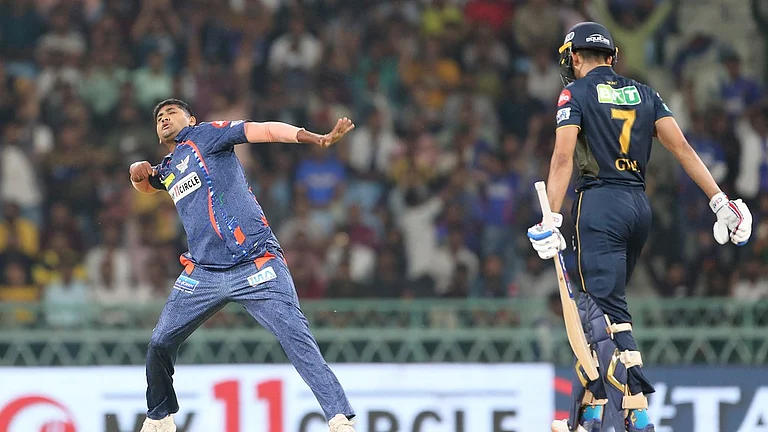 Lucknow Super Giants' Yash Thakur celebrates the wicket of Gujarat Titans' captain Shubman Gill during the Indian Premier League cricket match between Gujarat Titans and Lucknow Super Giants in Lucknow, India, Sunday, April 7, 2024. - AP/Surjeet Yadav
