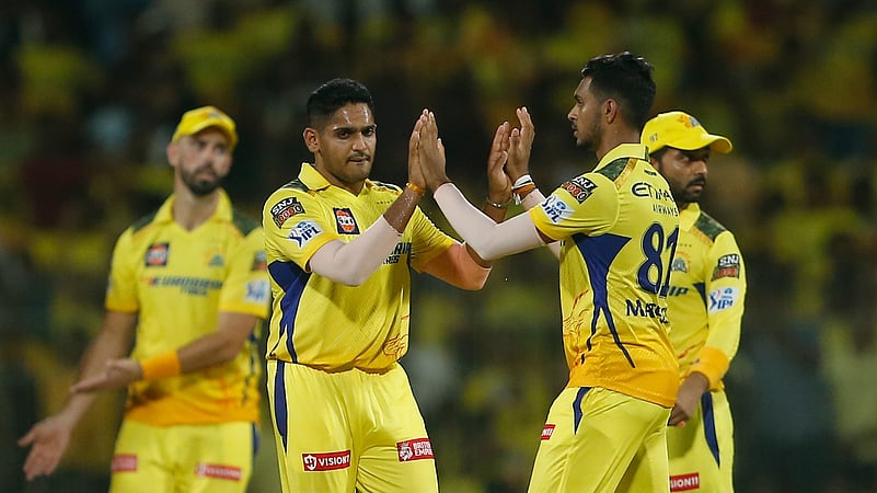 CSK team celebrating the wicket of Travis Head in IPL 2024. AP Photo