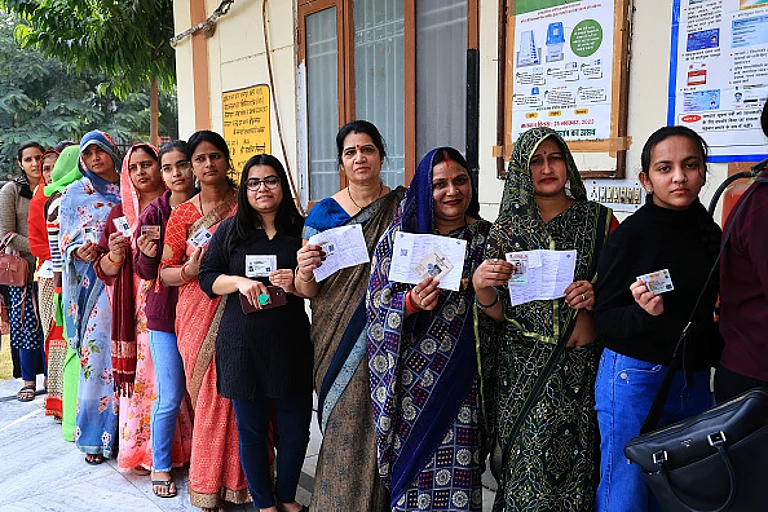 Women are standing in line to cast their votes for the Rajasthan Assembly elections in Jaipur, Rajasthan, India, on November 25, 2023. - Getty Images