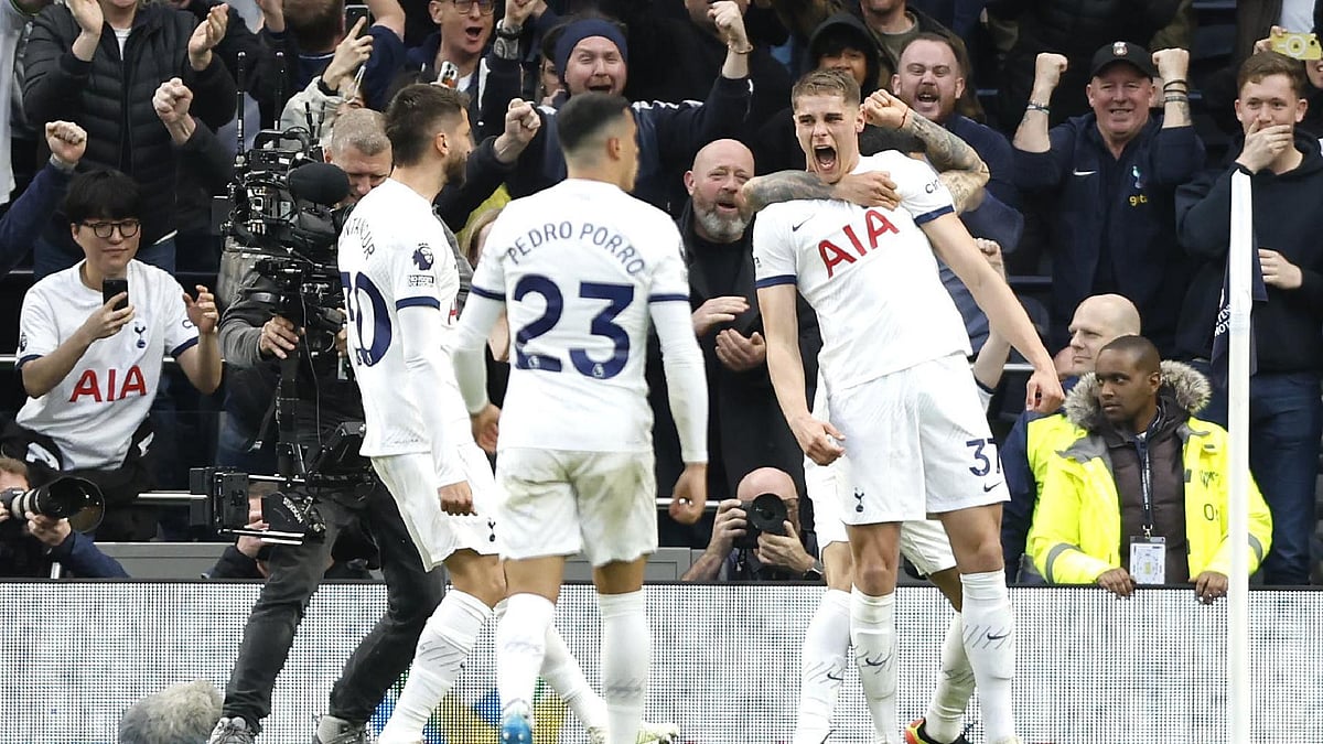 (Nigel French/PA)
 : Micky van de Ven (right) celebrates scoring in Tottenham’s 3-1 win over Nottingham Forest.