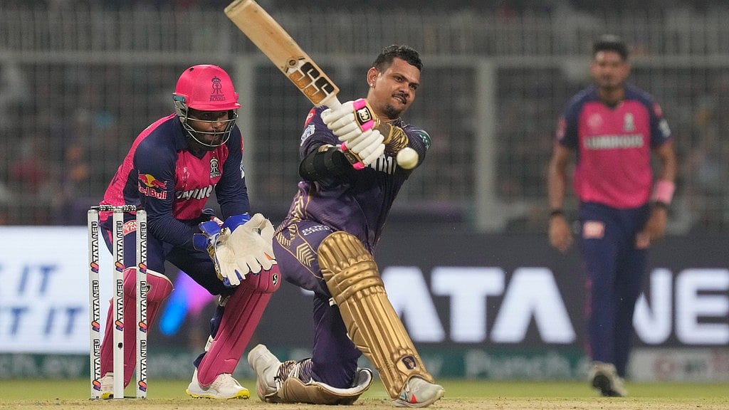 Kolkata Knight Riders' Sunil Narine plays a shot during the Indian Premier League cricket match between Kolkata Knight Riders and Rajasthan Royals in Kolkata, India, on Tuesday, April 16, 2024. 
 - (AP Photo/Bikas Das)

