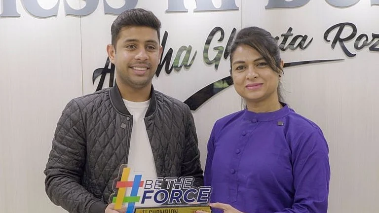 Indian equestrian Anush Agarwalla (left) at the Fit India Champions Podcast alongside host Ekta Vishnoi. - SAI