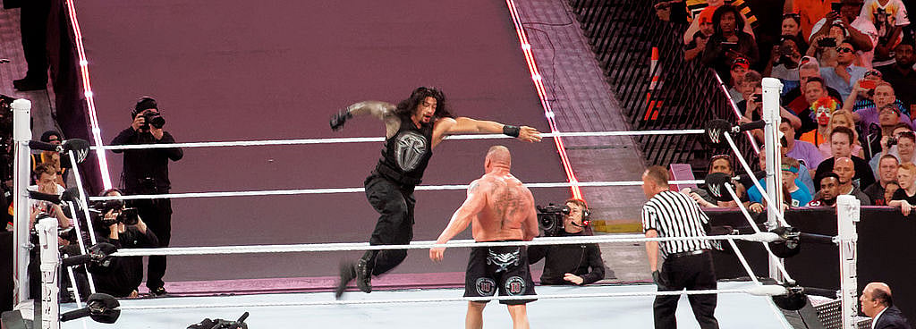 Wikimedia Commons/Miguel Discart : Roman Reigns and Brock Lesner at WrestleMania 31