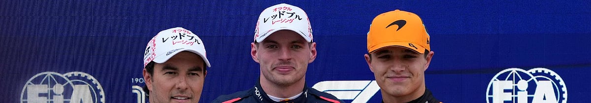 (Hiro Komae/AP) : Lando Norris will be trying to beat Red Bull pair Sergio Perez (left) and Max Verstappen (centre) off the line in Japan. 