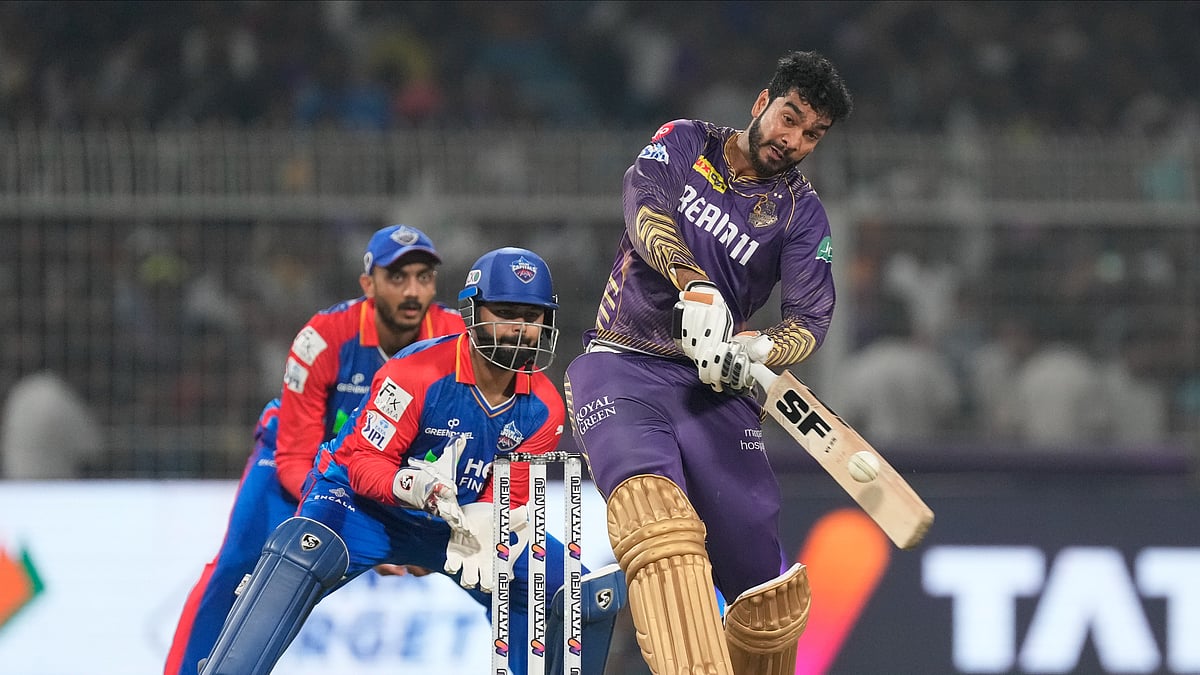 Kolkata Knight Riders' Venkatesh Iyer plays a shot during the Indian Premier League cricket match between Delhi Capitals and Kolkata Knight Riders in Kolkata. - AP Photo/Bikas Das