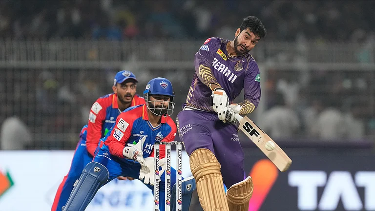 Kolkata Knight Riders' Venkatesh Iyer plays a shot during the Indian Premier League cricket match between Delhi Capitals and Kolkata Knight Riders in Kolkata. - AP Photo/Bikas Das