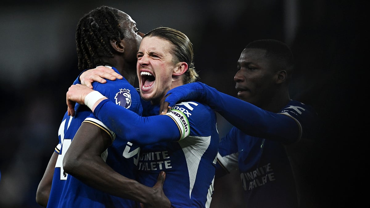 Conor Gallagher celebrates after scoring Chelsea's equaliser against Aston Villa in English Premier League.