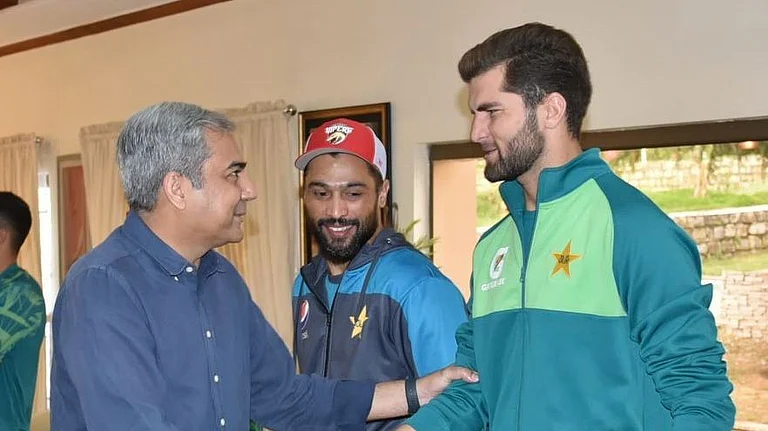 Pakistan Cricket Board chairman Mohsin Naqvi (left) with Shaheen Shah Afridi (right) at the national team's training camp in Kakul, Abbottabad on Monday (April 1, 2024). - X/Pakistan Cricket