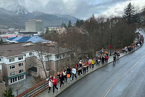 Students marched to the Capitol as part of a student walkout to protest Republican Gov. Mike Dunleavy's veto of an education package last month and the Legislature's failure to override that veto. 