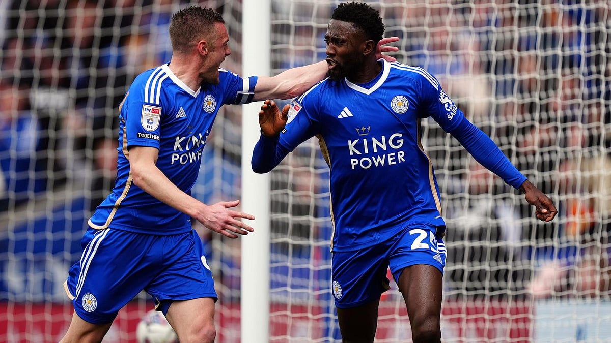 Mike Egerton/PA : Wilfred Ndidi celebrates scoring Leicester’s opening goal with Jamie Vardy during their 2-1 win over West Brom.