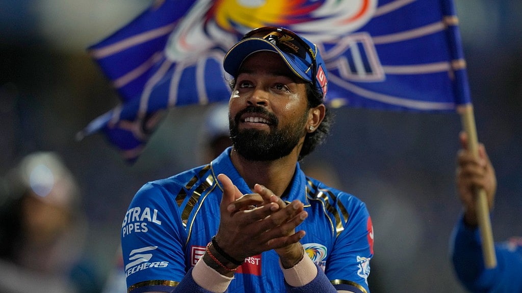 Mumbai Indians' captain Hardik Pandya cheers the crowd after their win during the Indian Premier League cricket match between Mumbai Indians' and Delhi Capitals' in Mumbai - AP