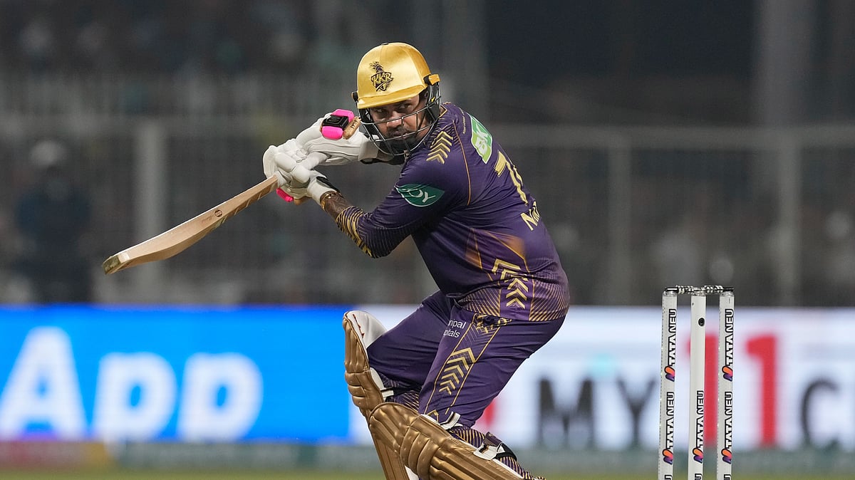 Kolkata Knight Riders' Sunil Narine plays a shot during the Indian Premier League cricket match between Kolkata Knight Riders and Rajasthan Royals in Kolkata. - AP Photo/Bikas Das