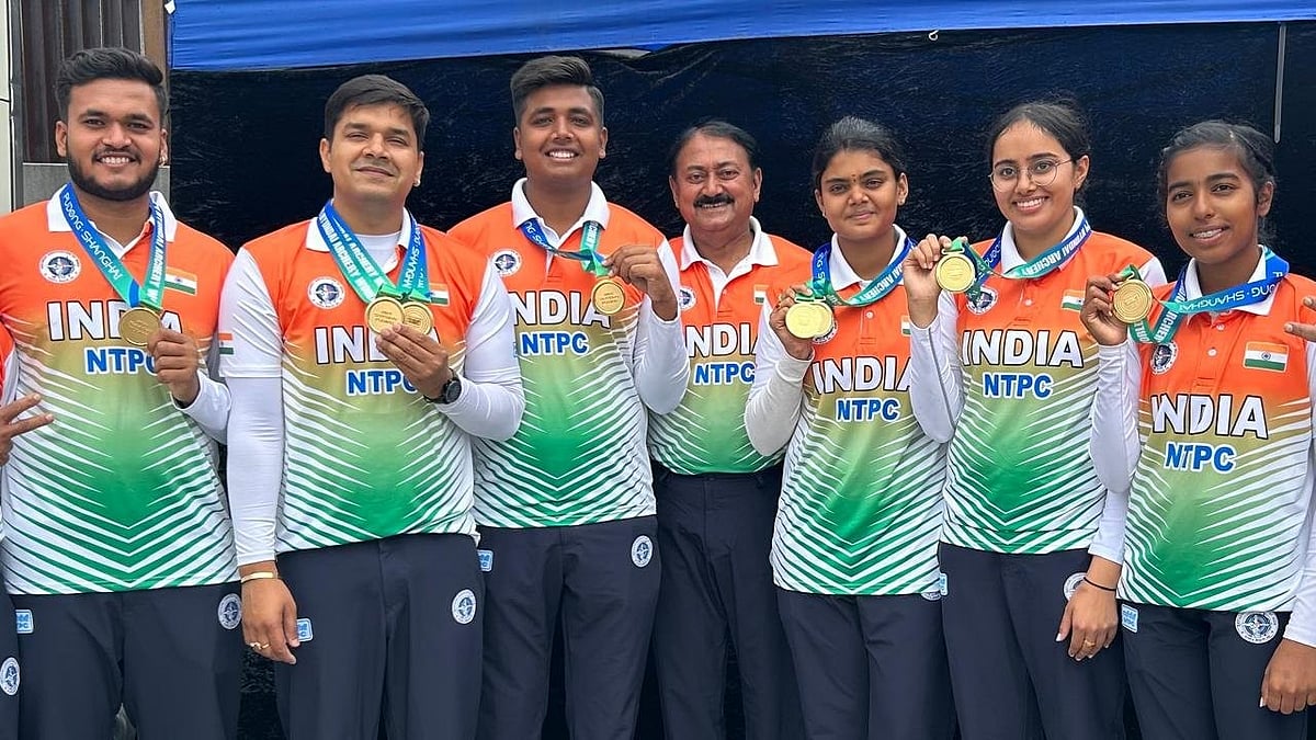 SAI Media : Jyothi Surekha Vennam (third from right) won the compound women's, individual and mixed team gold medals at the Archery World Cup Stage 1 in Shanghai.