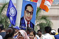 Ambedkar, Fundamental Rights And Article 32 Photo by Sunil Ghosh via Getty Images : A portrait of BR Ambedkar with the flag of Bhim Army seen on the occasion of his 128th birth anniversary at Rashtriya Dalit Prerna Sthal, sector 95 on April 14, 2019 in Noida, India.