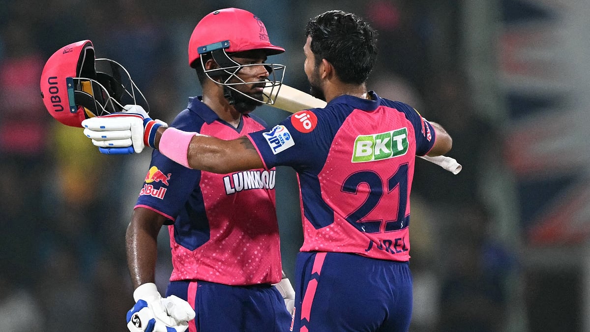 Sanju Samson and Dhruv Jurel celebrate for the Royals. - null