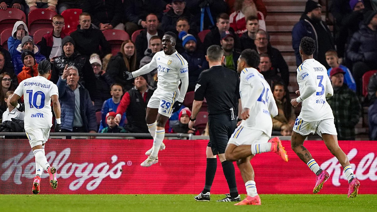 Leeds United’s Wilfried Gnonto celebrates scoring his side’s third goal during the EFL Championship match against Middlesbrough on April 22, 2024. - null