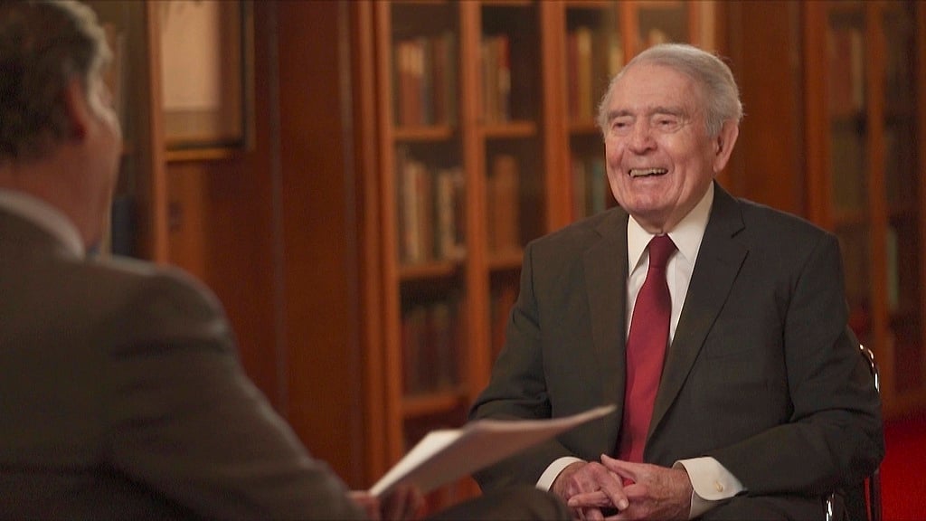 This photo provided by CBS News shows Dan Rather with CBS correspondent Lee Cowan during an interview on “CBS Sunday Morning." Rather returned to the CBS News airwaves Sunday, April 28, 2024, for the first time since his bitter exit 18 years ago, appearing in a reflective interview on “CBS Sunday Morning” days before the debut of a Netflix documentary on the 92-year-old newsman's life. - AP