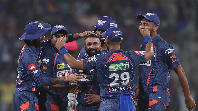 Lucknow Super Giants' Amit Mishra celebrates the wicket of Rajasthan Royals' Riyan Parag during the Indian Premier League cricket match between Rajasthan Royals and Lucknow Super Giants in Lucknow. - AP Photo/Pankaj Nangia