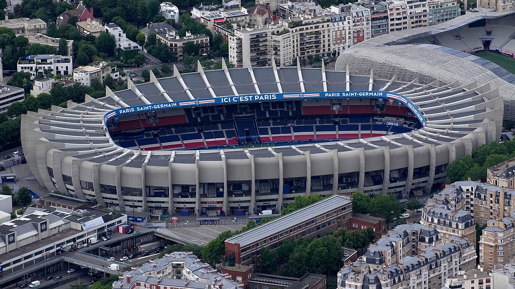 The Parc des Princes stadium is seen in Paris, France, Tuesday, July 11, 2023. The stadium will host the Paris 2024 men and women's soccer competitions.  - AP