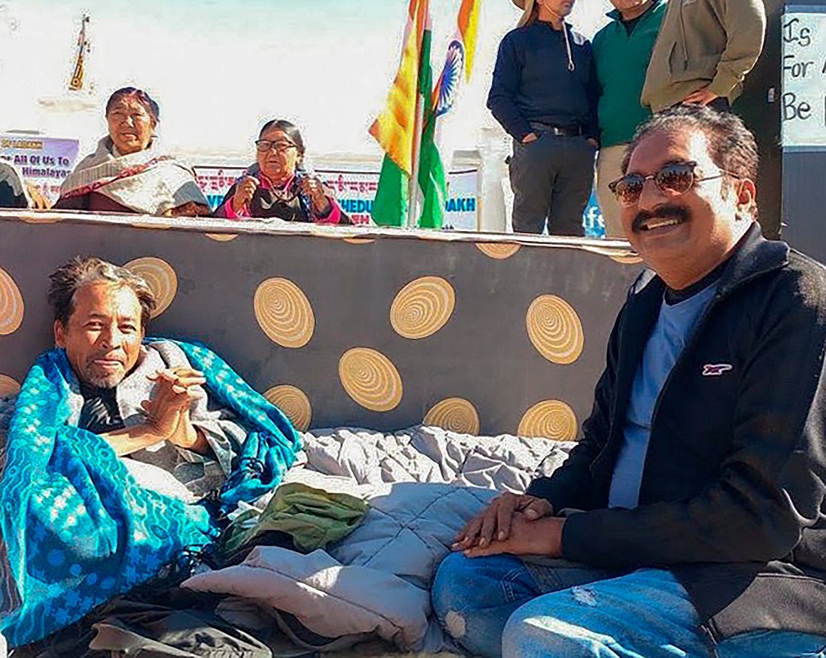  (PTI Photo)  : Education reformist and climate activist Sonam Wangchuk with actor Prakash Raj during the hunger strike, in Leh, Tuesday, March 26, 2024. Sonam was on the hunger strike for the statehood of Ladakh and the protection of the fragile Himalayan ecology.