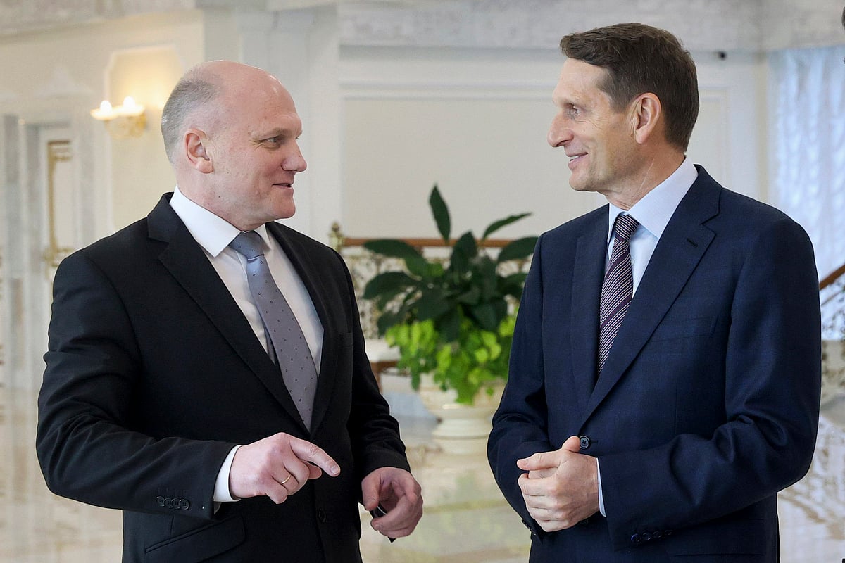 Ivan Tertel, head of the Belarusian Committee for State Security (KGB), left, speaks with Sergei Naryshkin, head of the Russian Foreign Intelligence Service, in Minsk, Belarus, Thursday, Oct. 22, 2020.  - AP
