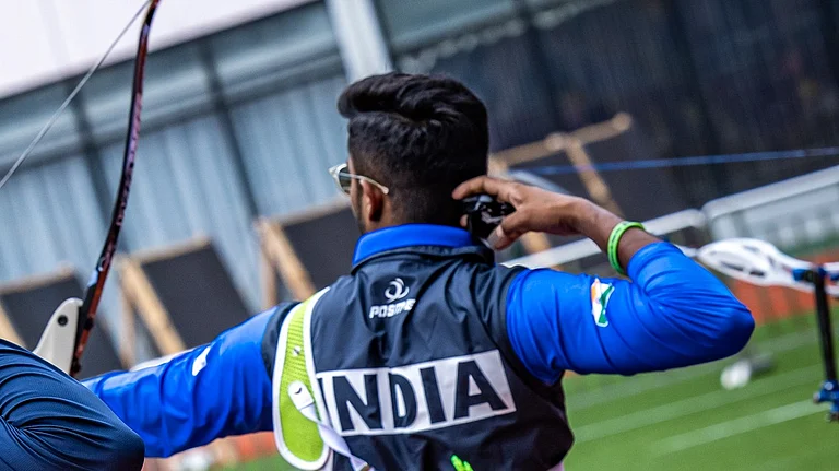 An Indian archer in action during the Archery World Cup, Stage 1 2024 in Shanghai, China. - World Archery