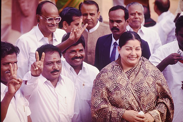 (Photo by Sondeep Shankar/Getty Images) : Tamil Nadu Chief Minister J Jayalalitha with All India Anna Dravida Munnetra Kazhagam (AIADMK) MP's after BJP-NDA government is sworn-in on on March 19, 1998 in forecourt of Rashtrapati Bhawan in New Delhi. 