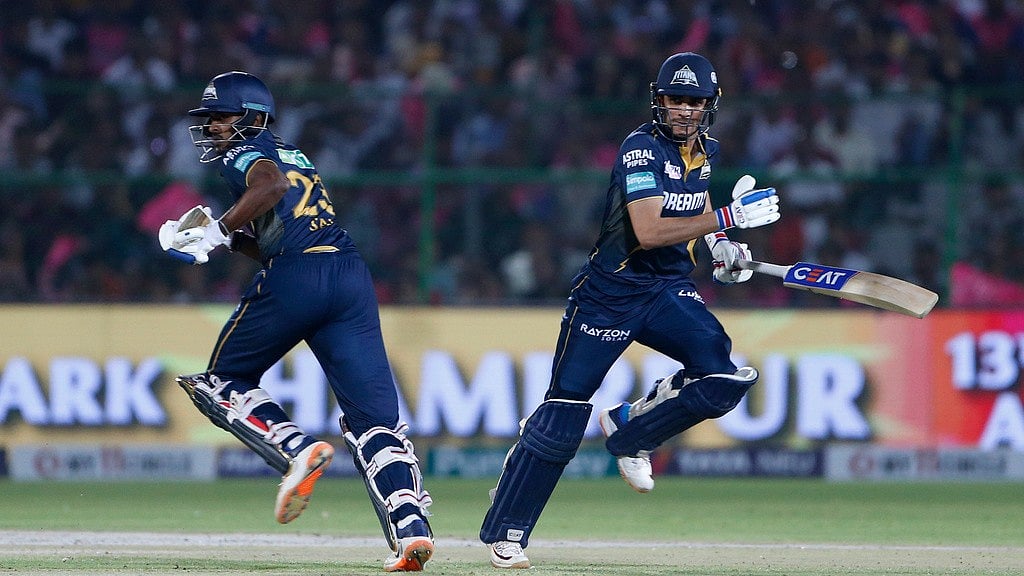 Gujarat Titans' Sai Sudharsan, left, and captain Shubman Gill run between the wickets during the Indian Premier League cricket match between Gujarat Titans and Rajasthan Royals in Jaipur, India, Wednesday, April 10, 2024.  - (AP Photo/Surjeet Yadav)